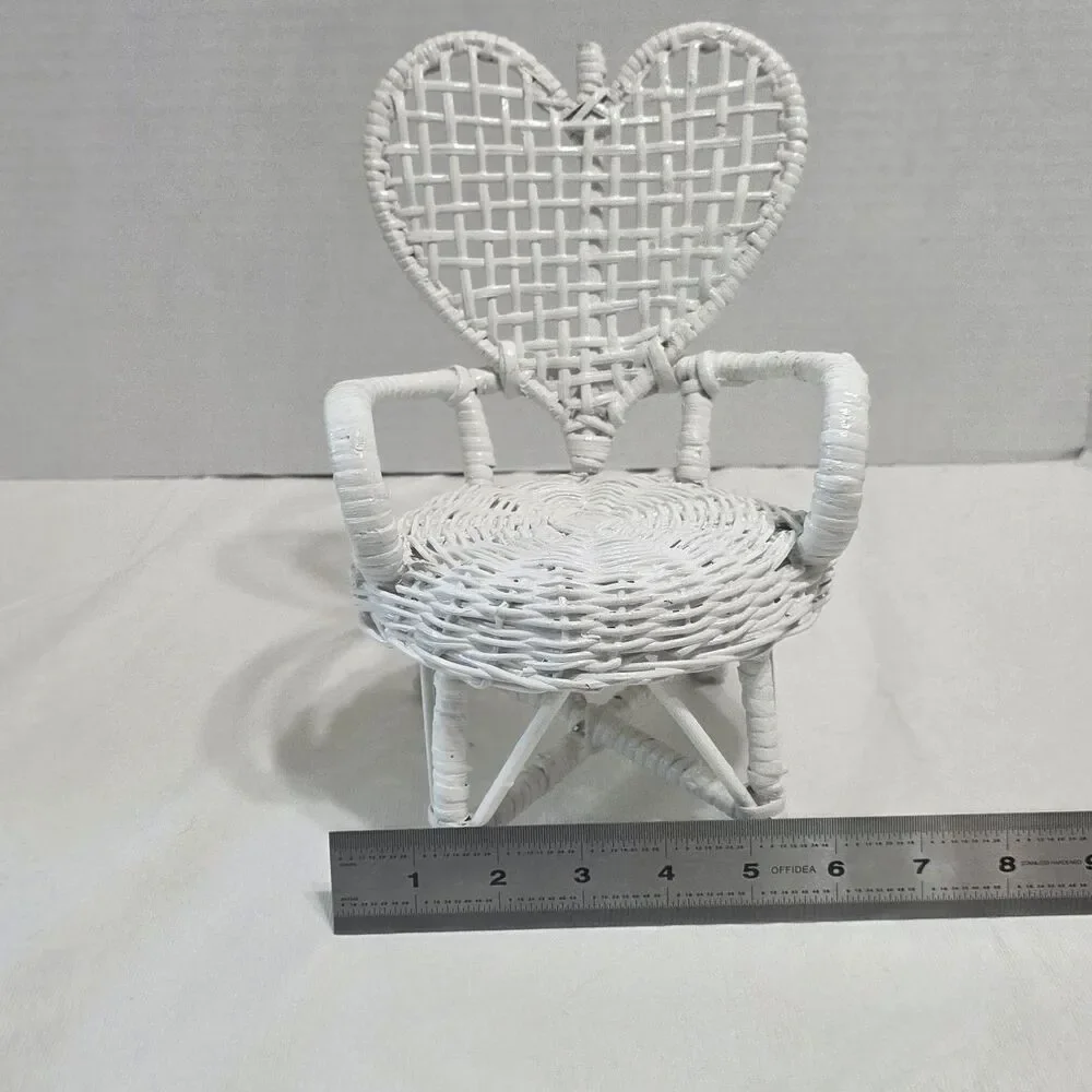 Vintage White Rattan Heart Wicker Doll Chair 10” Heart Shape Furniture